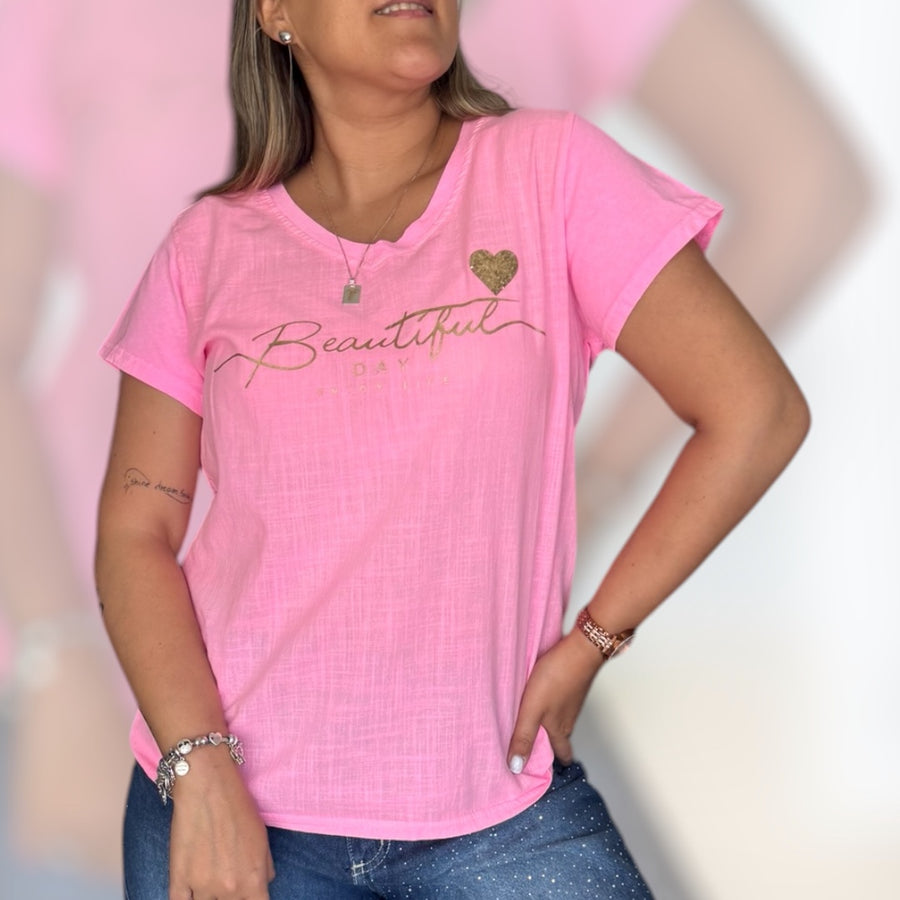 Polera beautiful day rosa neón