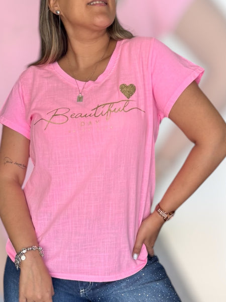 Polera beautiful day rosa neón