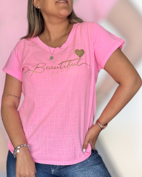 Polera beautiful day rosa neón