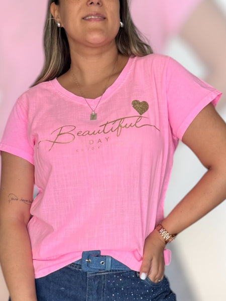 Polera beautiful day rosa neón