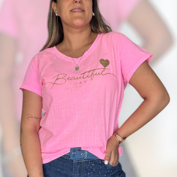 Polera beautiful day rosa neón