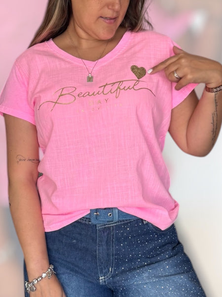 Polera beautiful day rosa neón