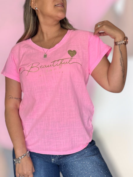Polera beautiful day rosa neón