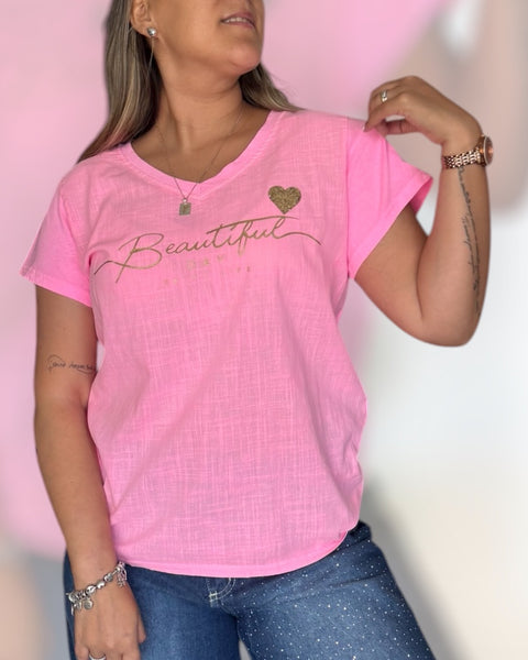 Polera beautiful day rosa neón