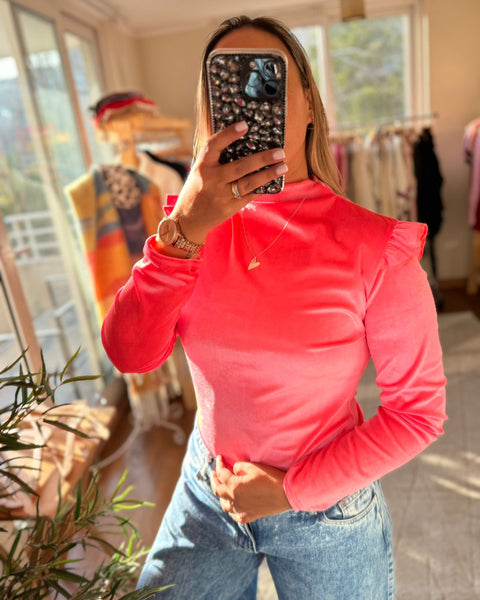 Polera Ignacia Terciopelo rosado neón